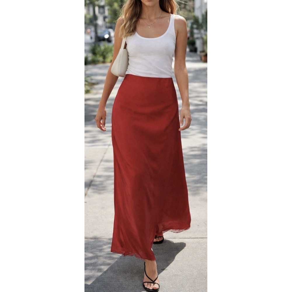 AG Adriano Goldschmied Red Midi Silky Skirtโ with Lace Trim Size Small NEW